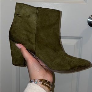 Forest Green Faux Suede Heeled Pointed Toe Booties